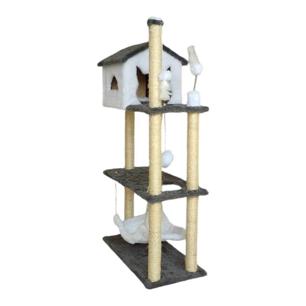 Arranhador Casa Alta Para Gatos 3 Plataformas Rede Grande Brinquedo Torre Poste Sisal E Bola De PelĂșcia - Miupet