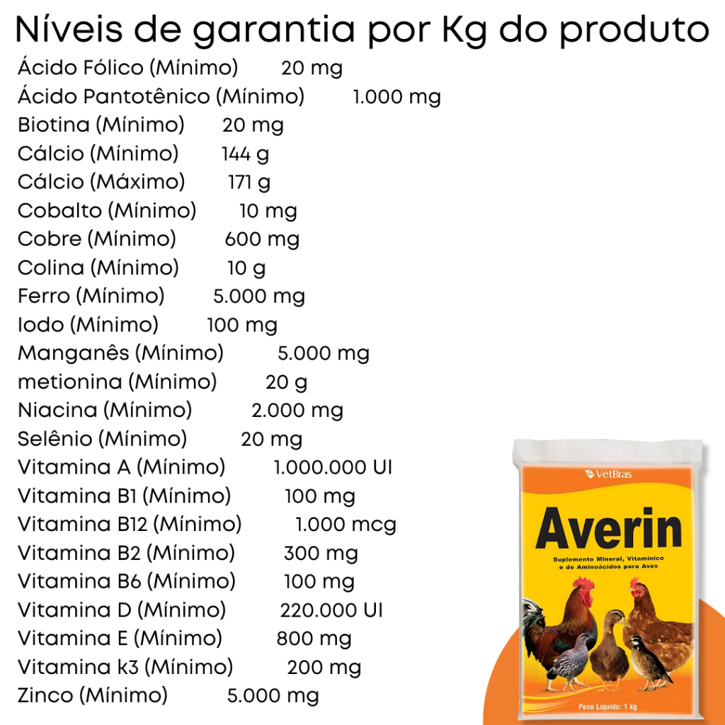 Suplemento Vitamínco Aminoácido E Mineral Para Frango Galinha Aves Averin 1Kg Tratamento Coccidiose