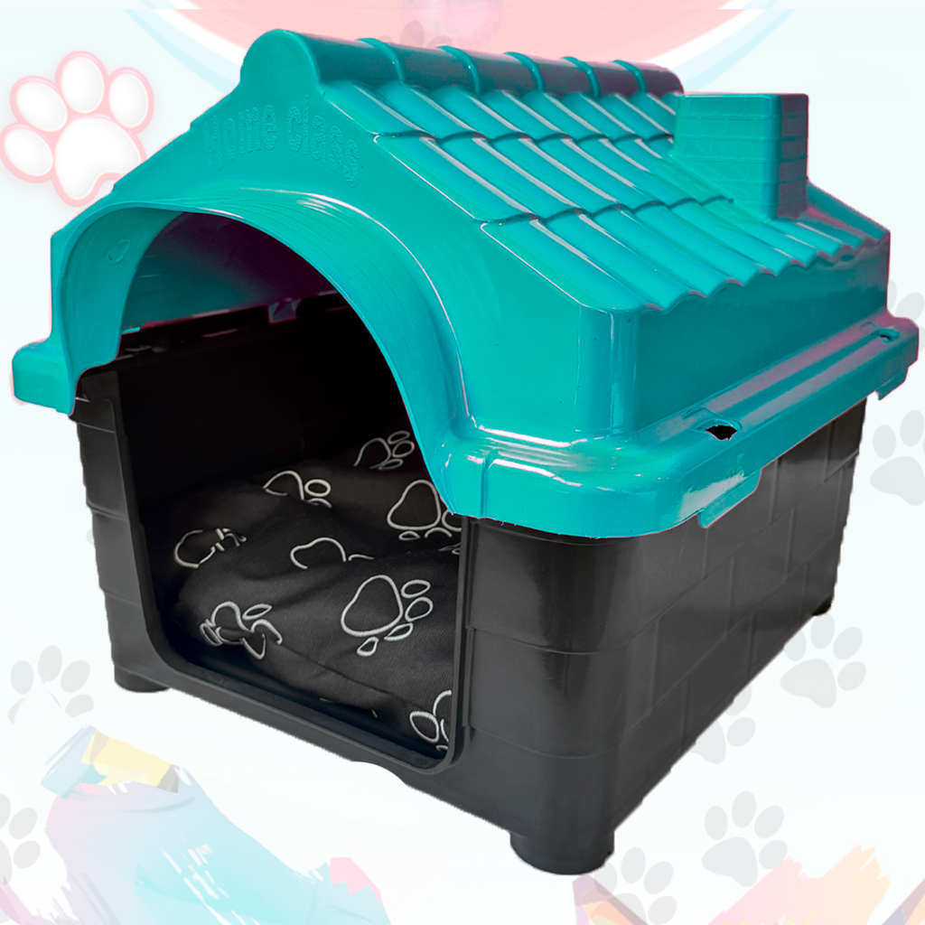casinha para pets de plástico azul e preto com almofada de patinhas