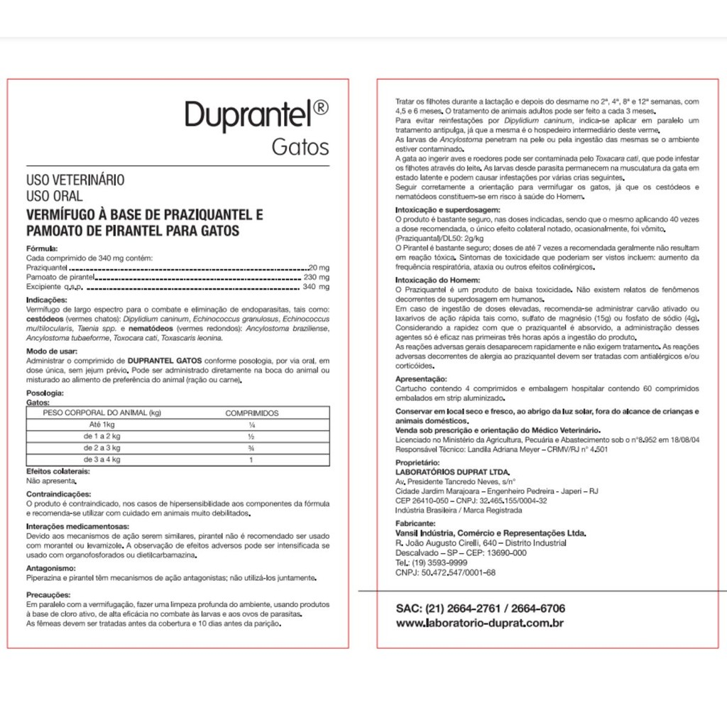 Duprantel Gatos C/4 Comprimidos Vermifugo