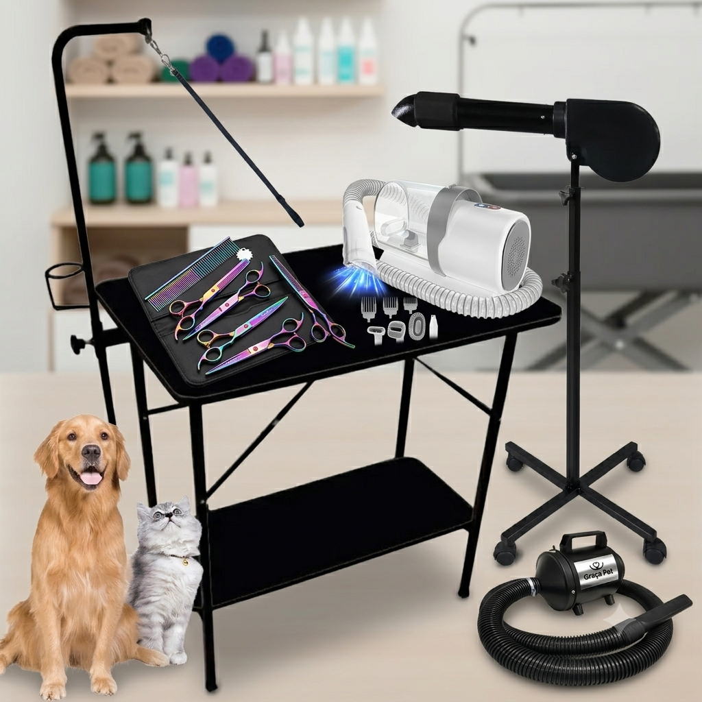 Kit Banho e Tosa Profissional Aspirador + Secador + Soprador + Mesa + 8 Tesouras