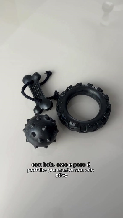 Kit Brinquedo Mordedor Para Cachorro Pneu G + Bola Cravo Maciça 75Mm + Osso Grande Black Com Corda