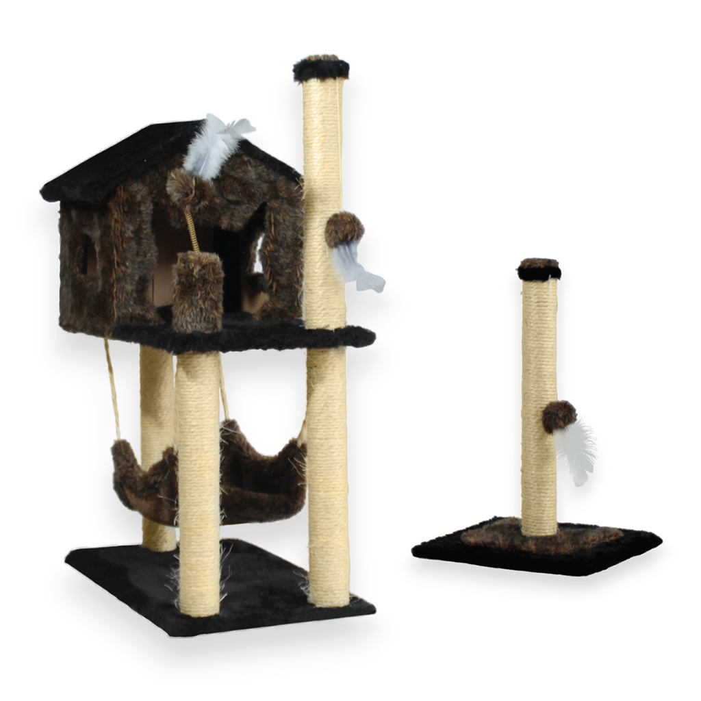 Kit Arranhador Para Gato Casa Com Rede E 2 Brinquedos + Poste Com Base - Miupet
