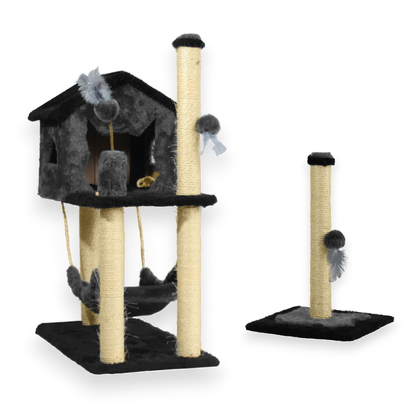 Kit Arranhador Para Gato Casa Com Rede E 2 Brinquedos + Poste Com Base - Miupet