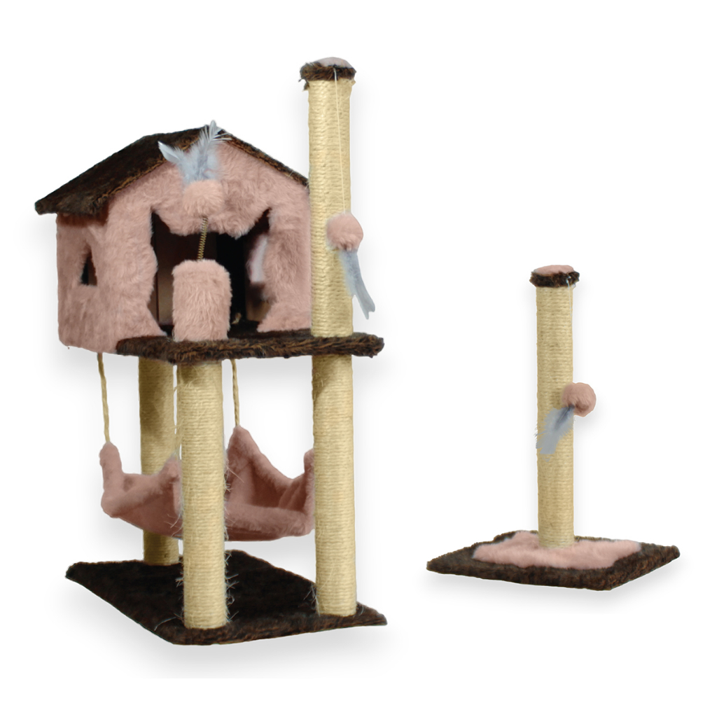 Kit Arranhador Para Gato Casa Com Rede E 2 Brinquedos + Poste Com Base - Miupet
