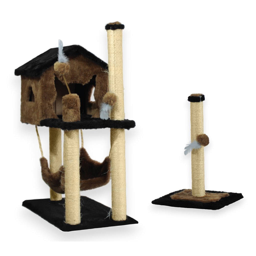 Kit Arranhador Para Gato Casa Com Rede E 2 Brinquedos + Poste Com Base - Miupet