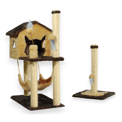 Kit Arranhador Para Gato Casa Com Rede E 2 Brinquedos + Poste Com Base - Miupet