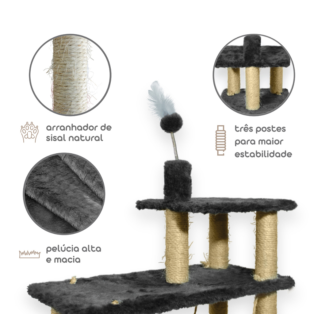 Arranhador Para Gatos 3 Bases com Rede Grande com 1 Bolinha e Penas - MIUPET