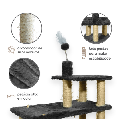 Arranhador Para Gatos 3 Bases com Rede Grande com 1 Bolinha e Penas - MIUPET