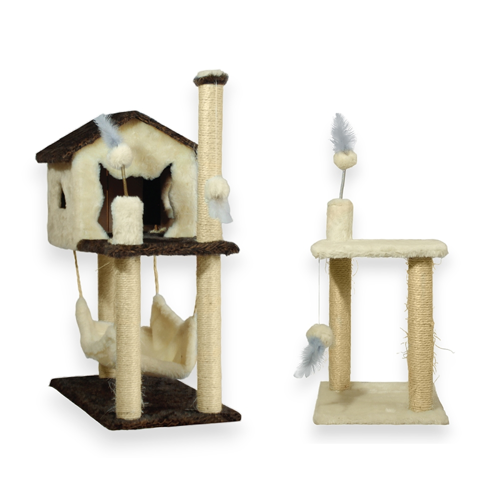 Kit Arranhador 2 Bases E Casa Com Rede Sisal Para Gato