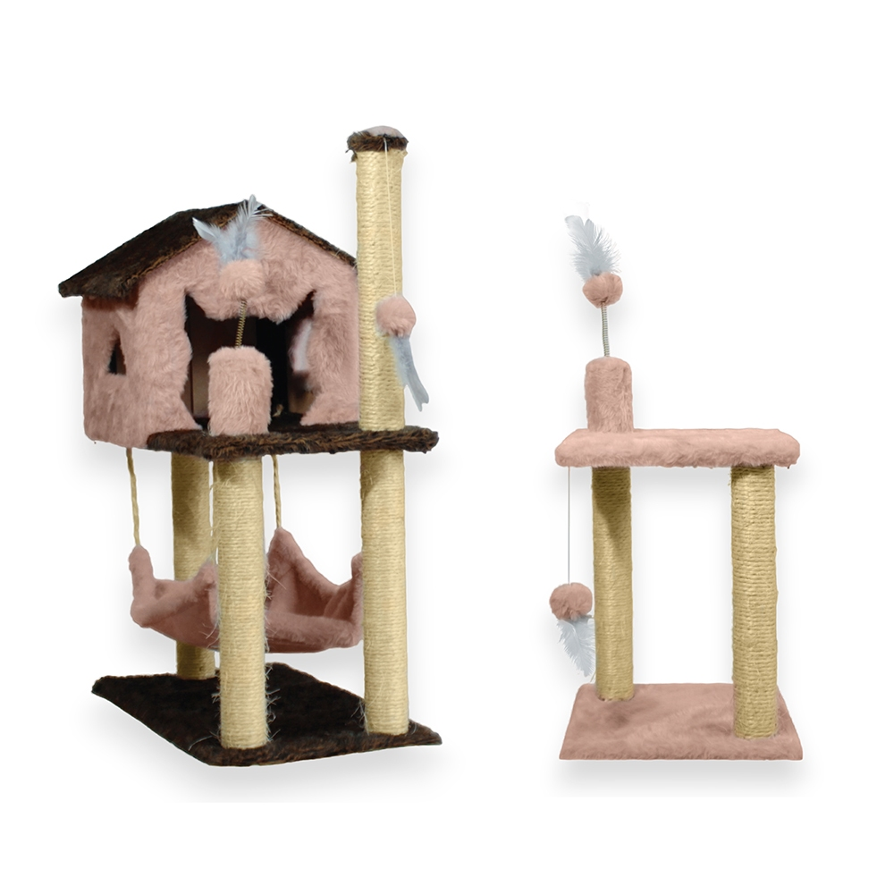 Kit Arranhador 2 Bases E Casa Com Rede Sisal Para Gato