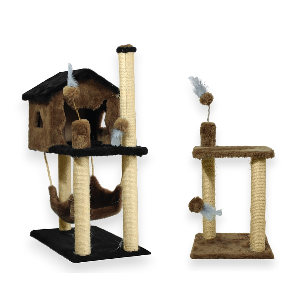 Kit Arranhador 2 Bases E Casa Com Rede Sisal Para Gato