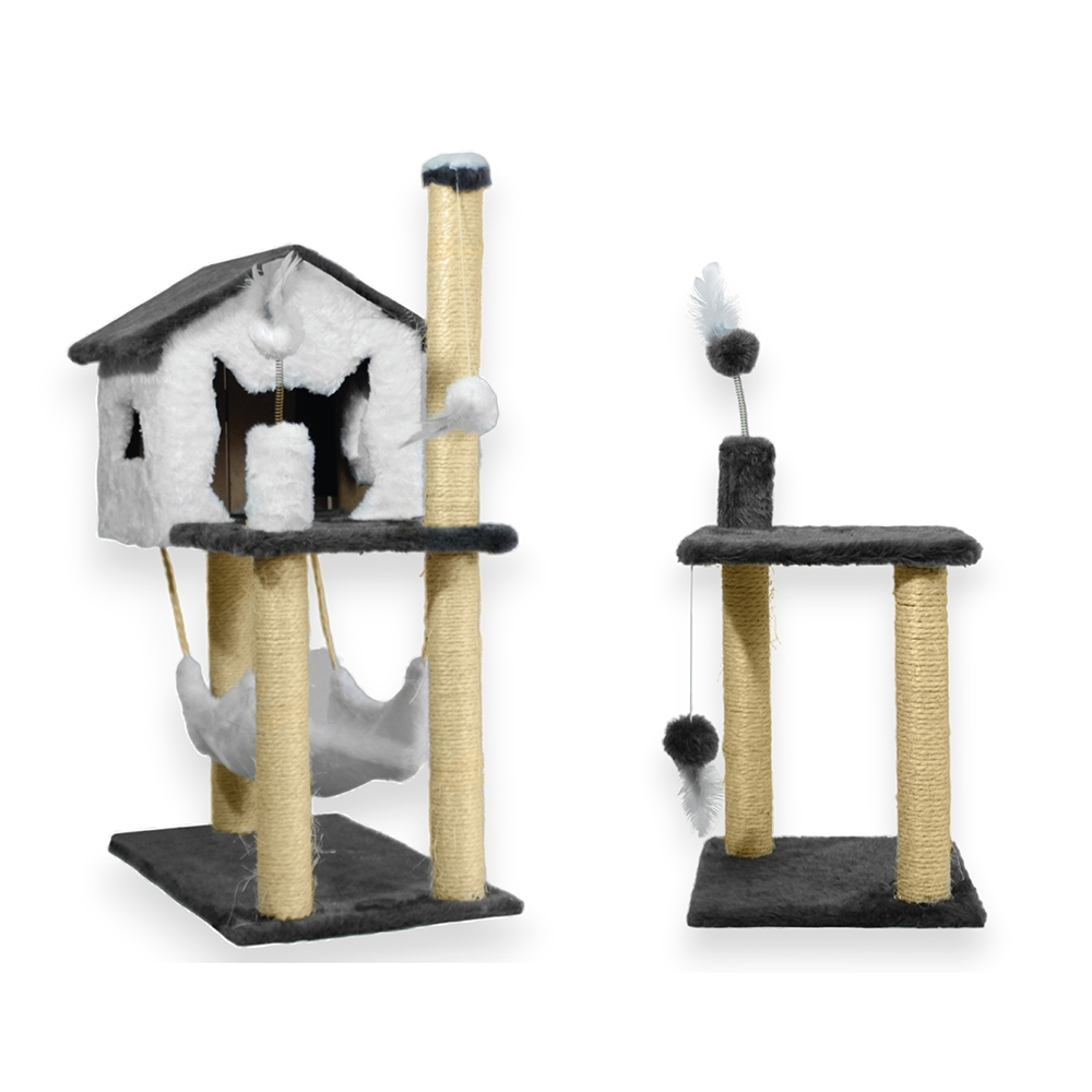 Kit Arranhador 2 Bases E Casa Com Rede Sisal Para Gato