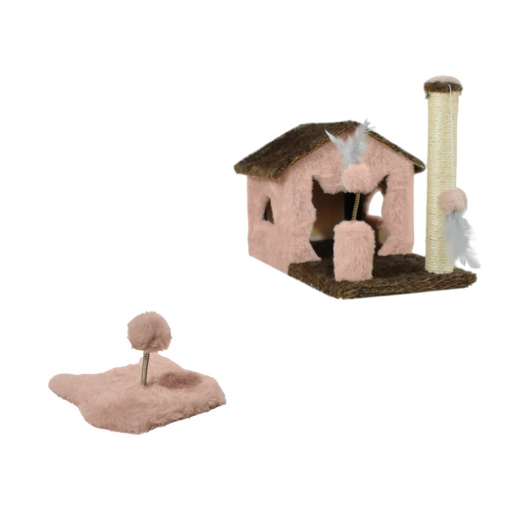 Kit Arranhador Sisal Casa Sem Rede Para Gato E Brinquedo Mola Maluca Miupet