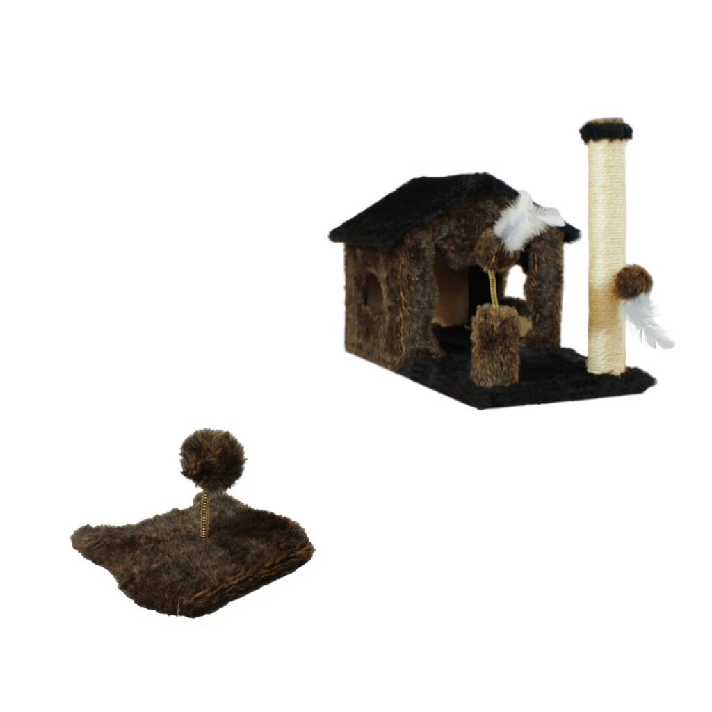 Kit Arranhador Sisal Casa Sem Rede Para Gato E Brinquedo Mola Maluca Miupet