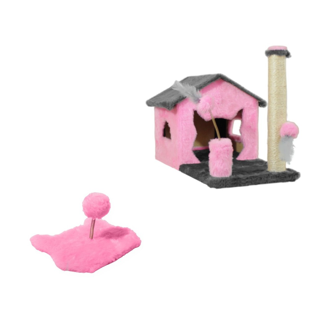 Kit Arranhador Sisal Casa Sem Rede Para Gato E Brinquedo Mola Maluca Miupet