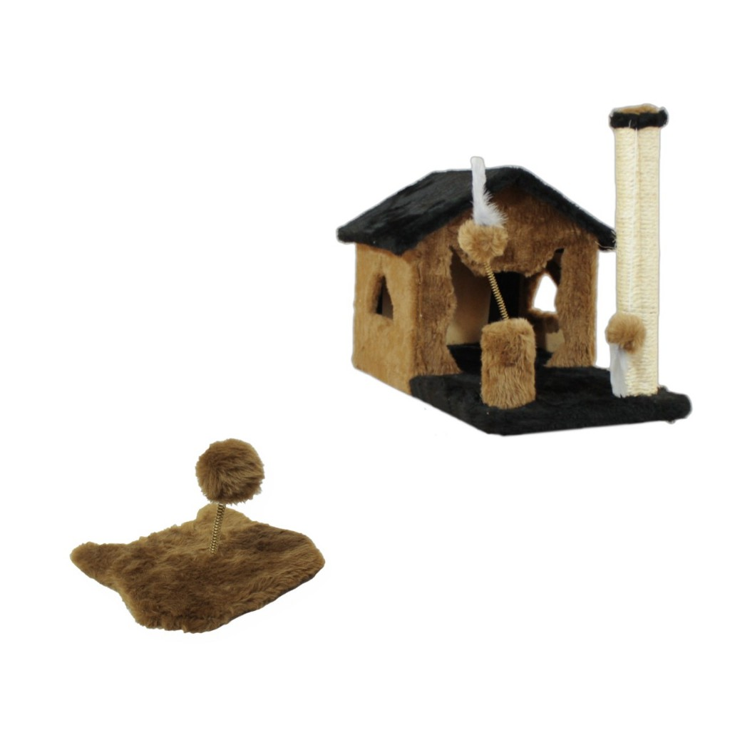 Kit Arranhador Sisal Casa Sem Rede Para Gato E Brinquedo Mola Maluca Miupet