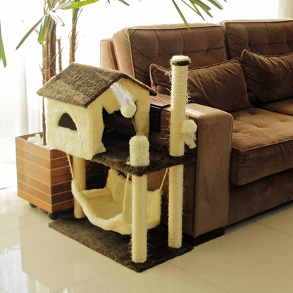 Kit Arranhador 2 Bases e Casa com Rede Sisal para Gato