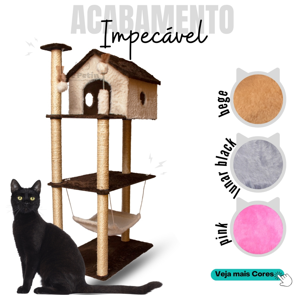 Arranhador Gato Casa Três Andares com Rede e Brinquedo Exclusivo