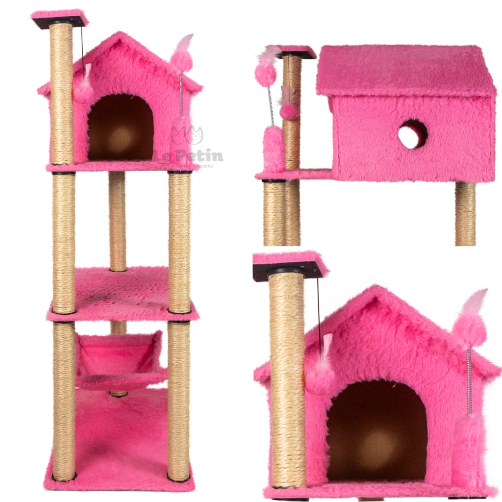 Arranhador Gato Casa Três Andares com Rede e Brinquedo Exclusivo