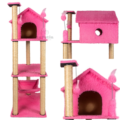 Arranhador Gato Casa Três Andares com Rede e Brinquedo Exclusivo