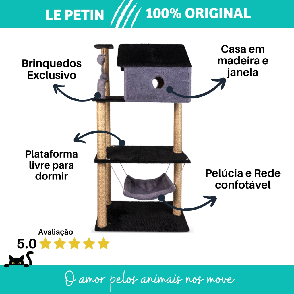 Arranhador Gato Casa Três Andares com Rede e Brinquedo Exclusivo