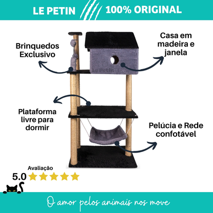 Arranhador Gato Casa Três Andares com Rede e Brinquedo Exclusivo