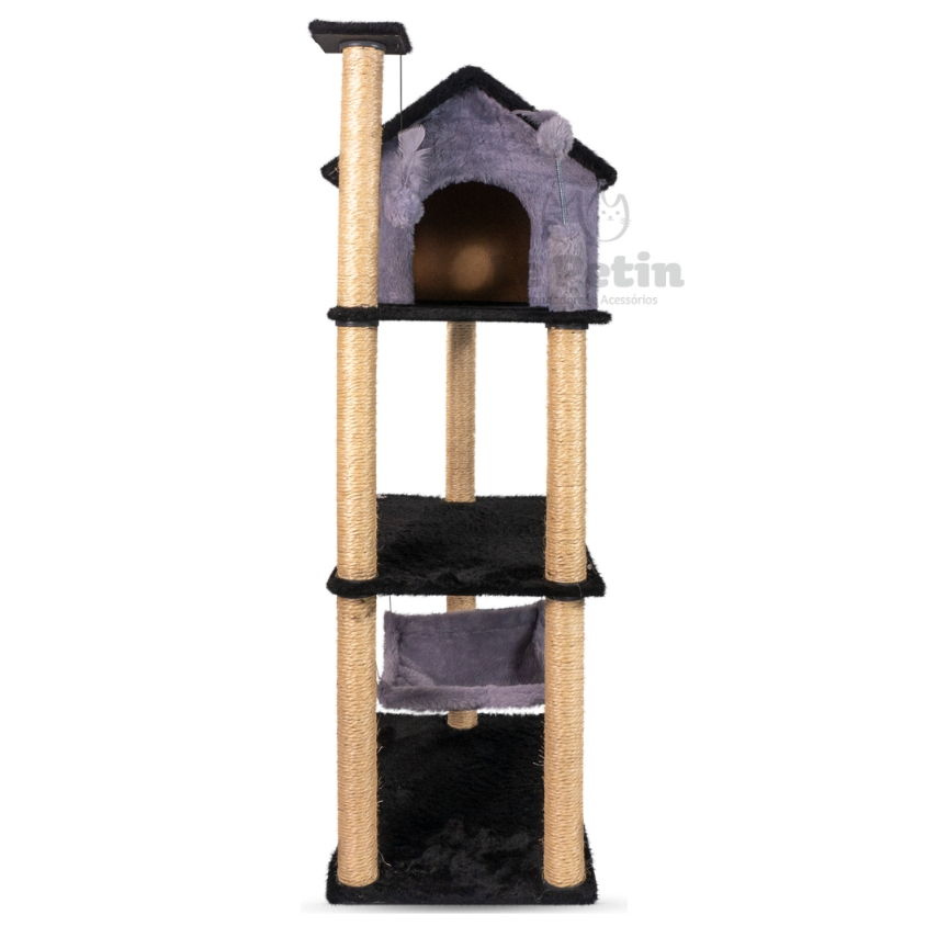 Arranhador Gato Casa Três Andares com Rede e Brinquedo Exclusivo