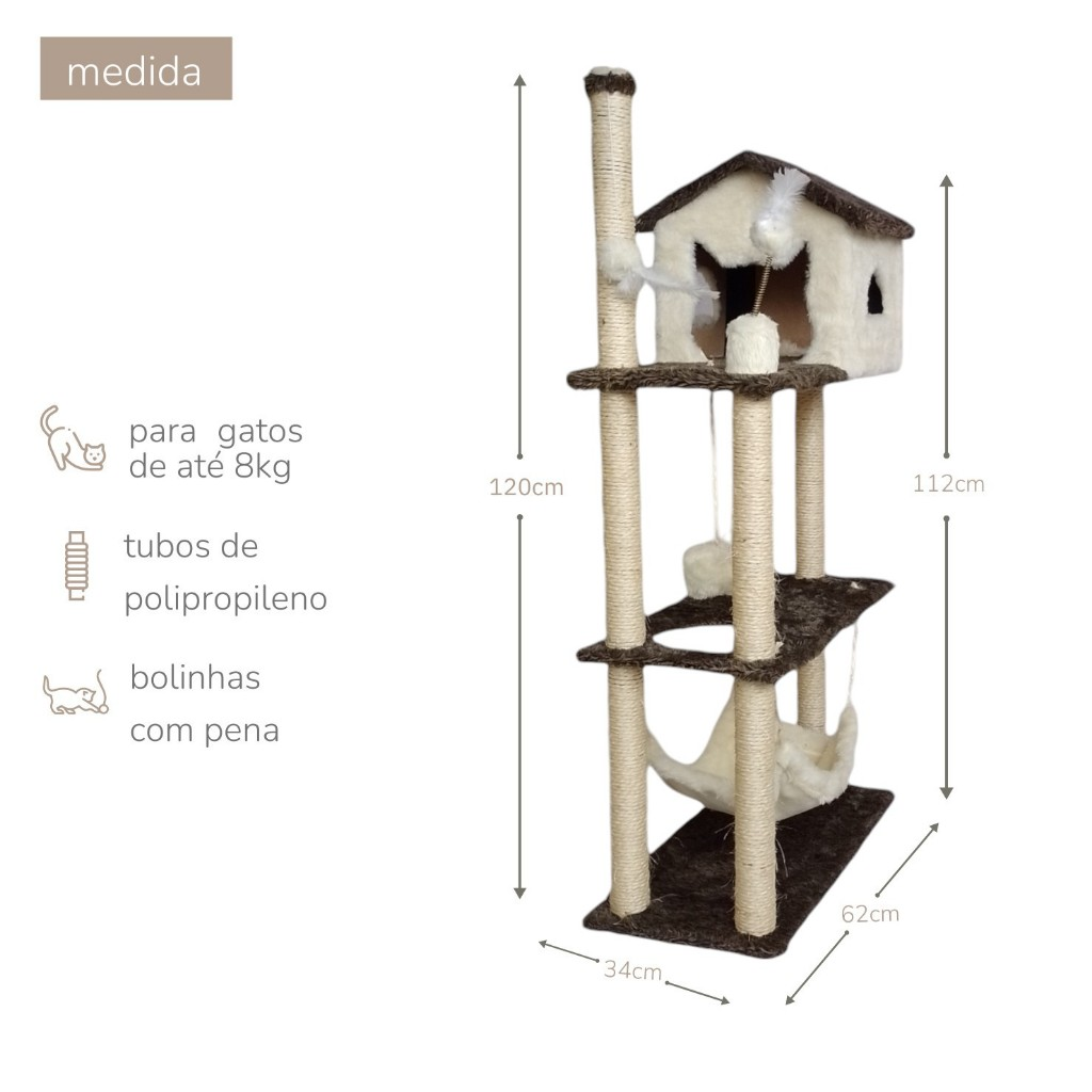 Arranhador Casa Alta para Gatos 3 Plataformas Rede Grande Brinquedo Torre Poste Sisal e Bola de Pelúcia - Miupet