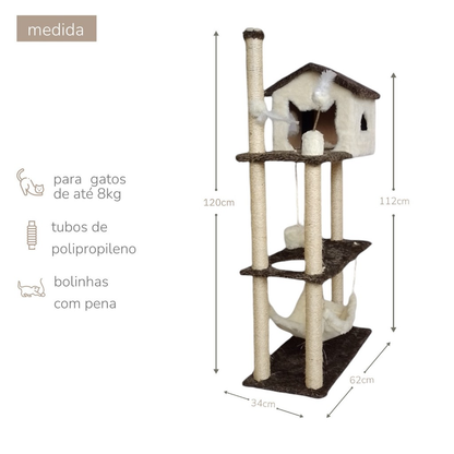 Arranhador Casa Alta para Gatos 3 Plataformas Rede Grande Brinquedo Torre Poste Sisal e Bola de Pelúcia - Miupet