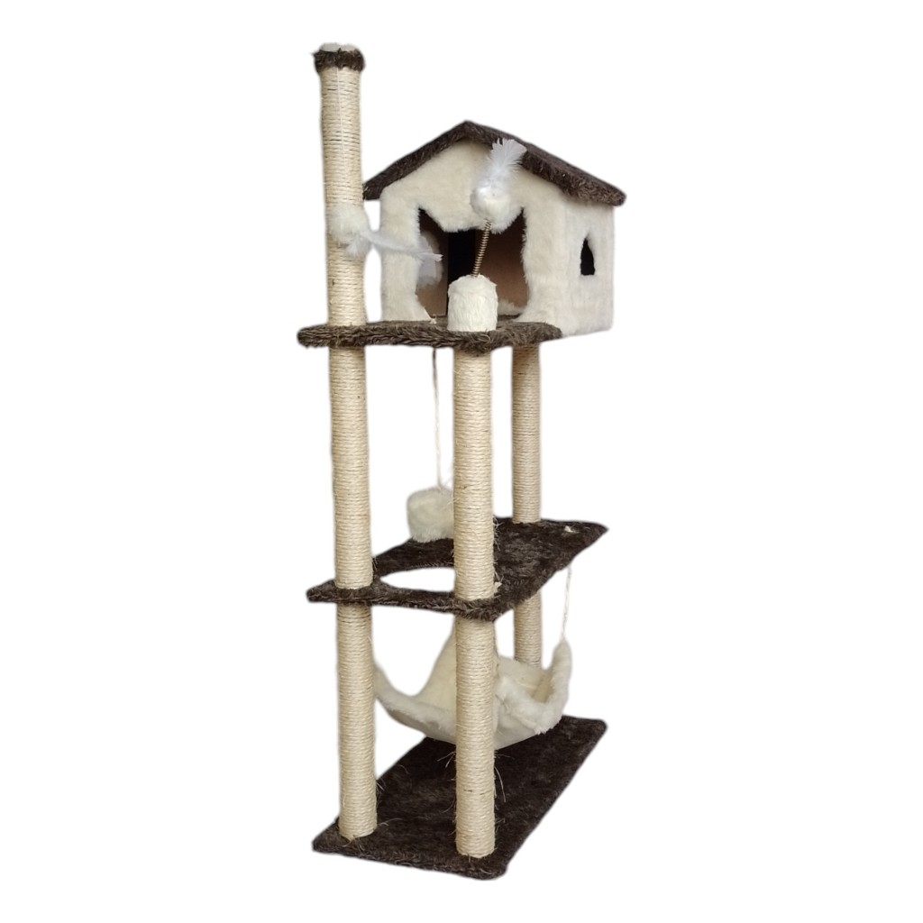 Arranhador Casa Alta para Gatos 3 Plataformas Rede Grande Brinquedo Torre Poste Sisal e Bola de Pelúcia - Miupet