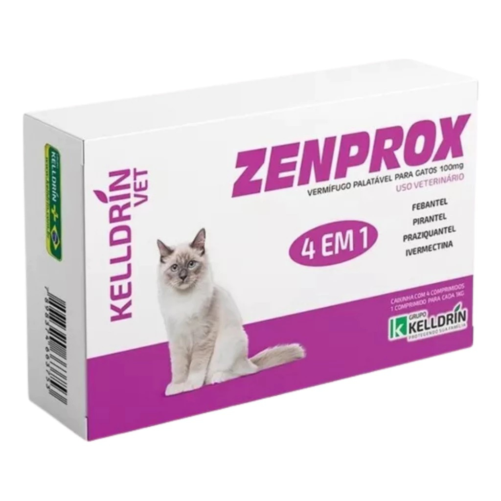 Zenprox Gatos 4 em 1 - Febantel, Pamoato de Pirantel, Praziquantel e Ivermectina - Kelldrin 4 Comp