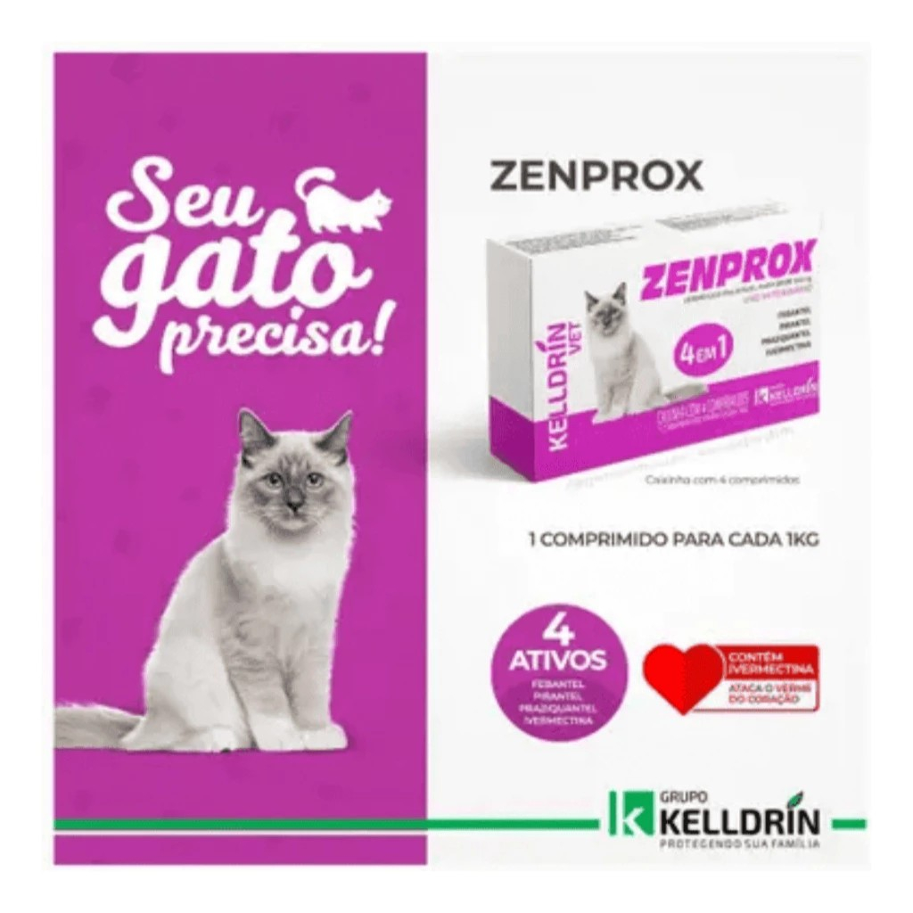 Zenprox Gatos 4 em 1 - Febantel, Pamoato de Pirantel, Praziquantel e Ivermectina - Kelldrin 4 Comp