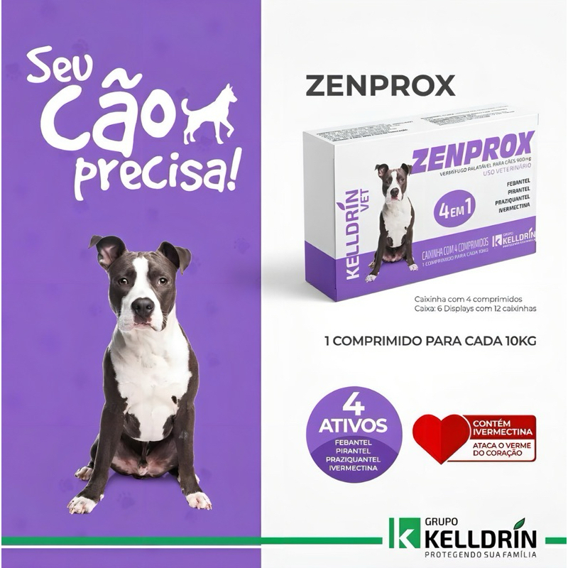 Zenprox Gatos 4 em 1 - Febantel, Pamoato de Pirantel, Praziquantel e Ivermectina - Kelldrin 4 Comp
