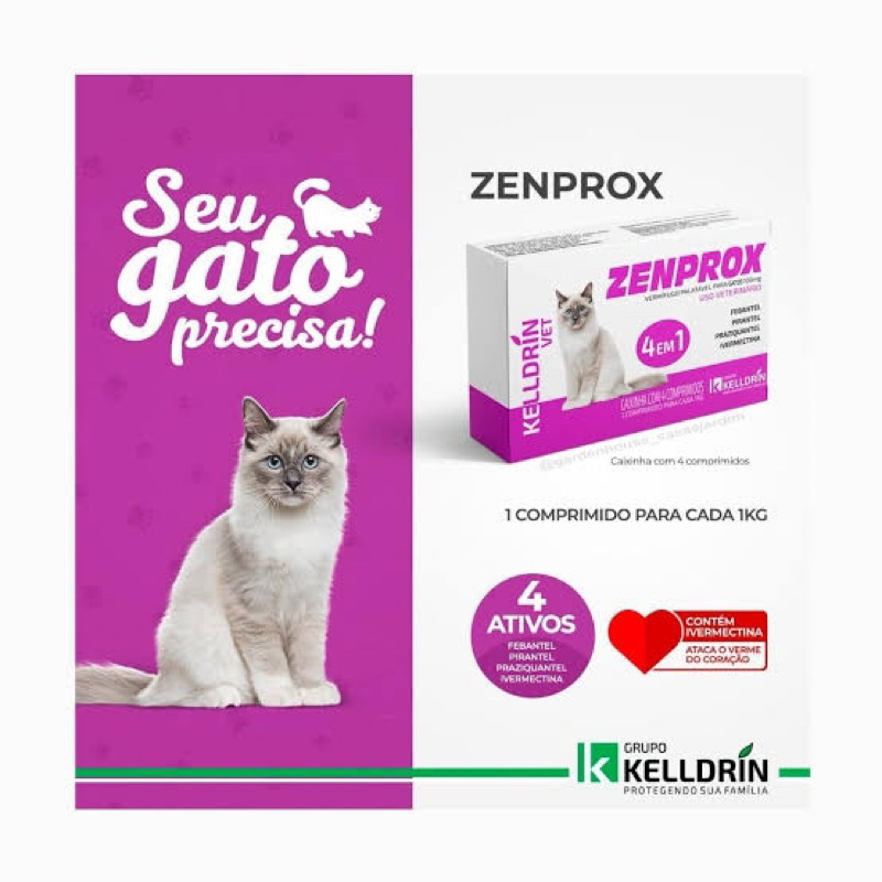 Zenprox Gatos 4 em 1 - Febantel, Pamoato de Pirantel, Praziquantel e Ivermectina - Kelldrin 4 Comp