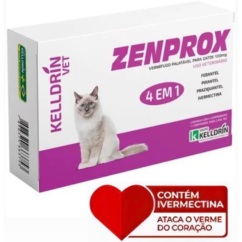 Zenprox Gatos 4 em 1 - Febantel, Pamoato de Pirantel, Praziquantel e Ivermectina - Kelldrin 4 Comp