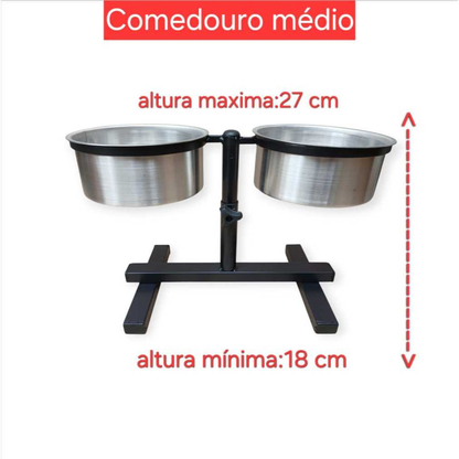 Comedouro Duplo Elevado Alto Ajustável Para Cães E Gatos