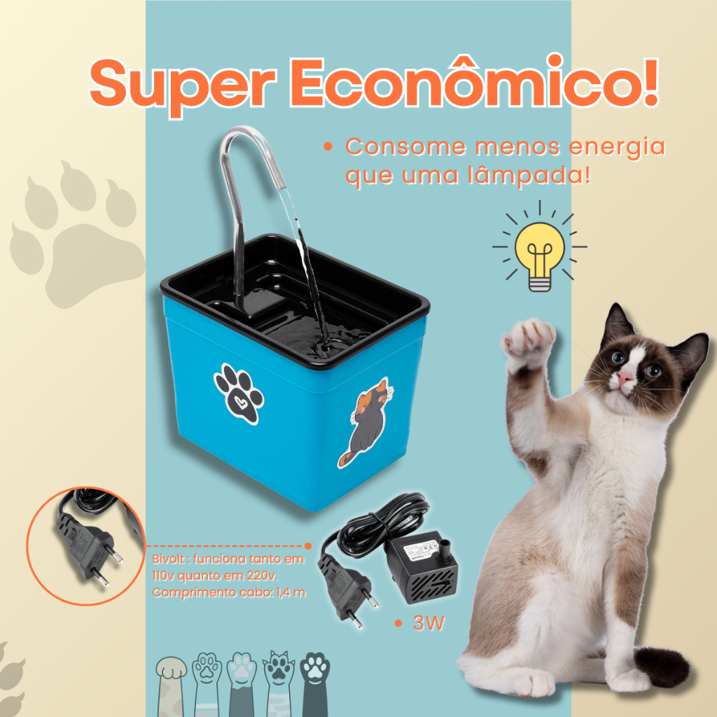 Bebedouro Fonte De Água Para Gatos Bivolt - Silencioso E Econômico