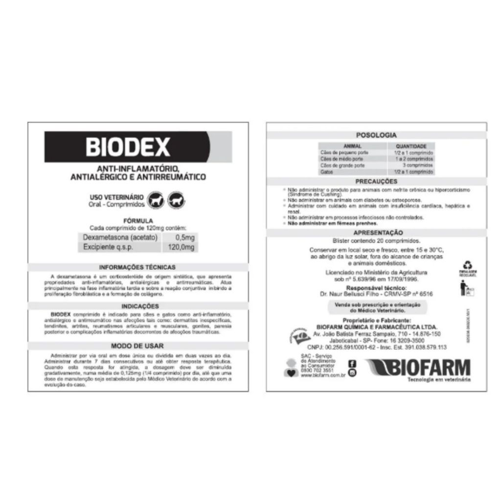 Antiinflamatório Para Cães e Gatos Biodex Cartela Avulsa 20 Comprimidos sem caixa