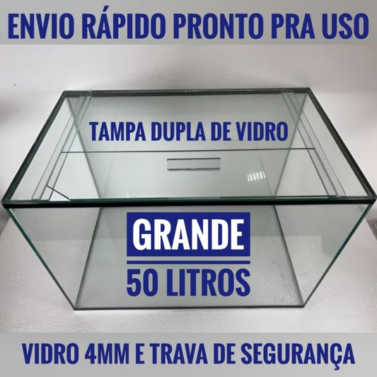 aquário 50 litros grande e reforçado com trava 50cmx30cmx35cm em vidro transparente com tampa de vidro partida