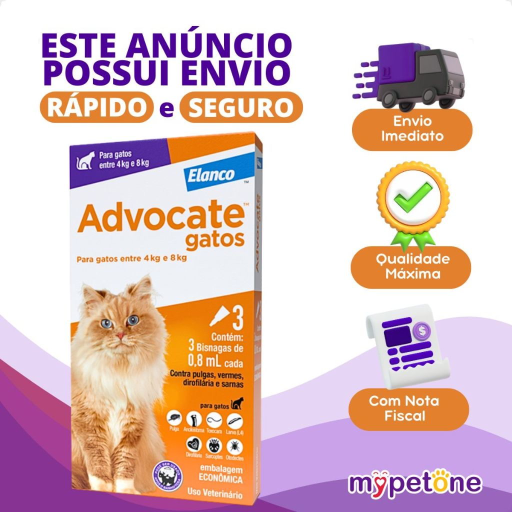 Advocate Elanco 0,8 mL para Gatos de 4 a 8 Kg - 3 Bisnagas