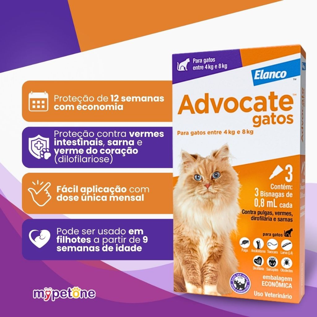 Advocate Elanco 0,8 mL para Gatos de 4 a 8 Kg - 3 Bisnagas