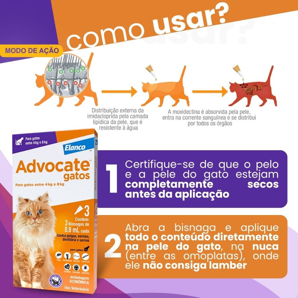 Advocate Elanco 0,8 mL para Gatos de 4 a 8 Kg - 3 Bisnagas