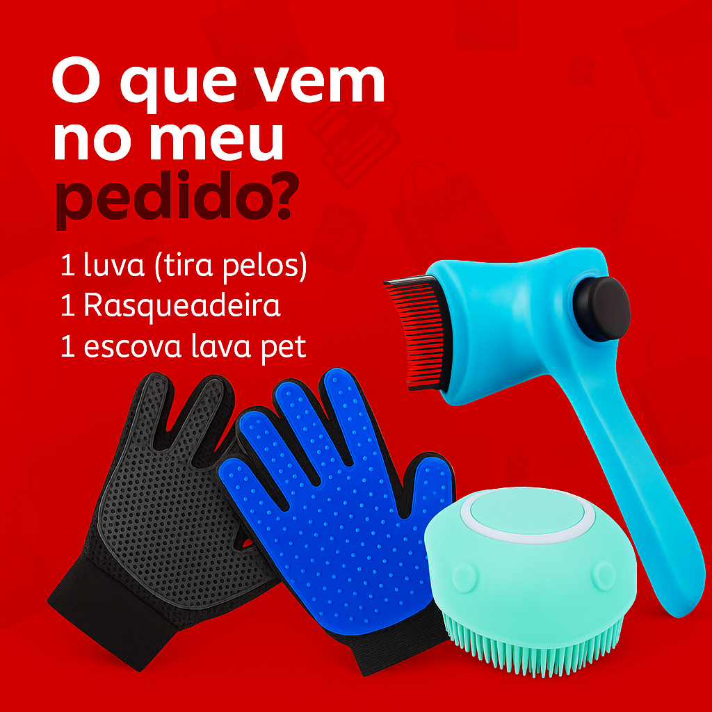 Kit Pet Luva Tira Pelos Nano + Escova lava Pet Silicone Dispenser + Pente Escova Removedora