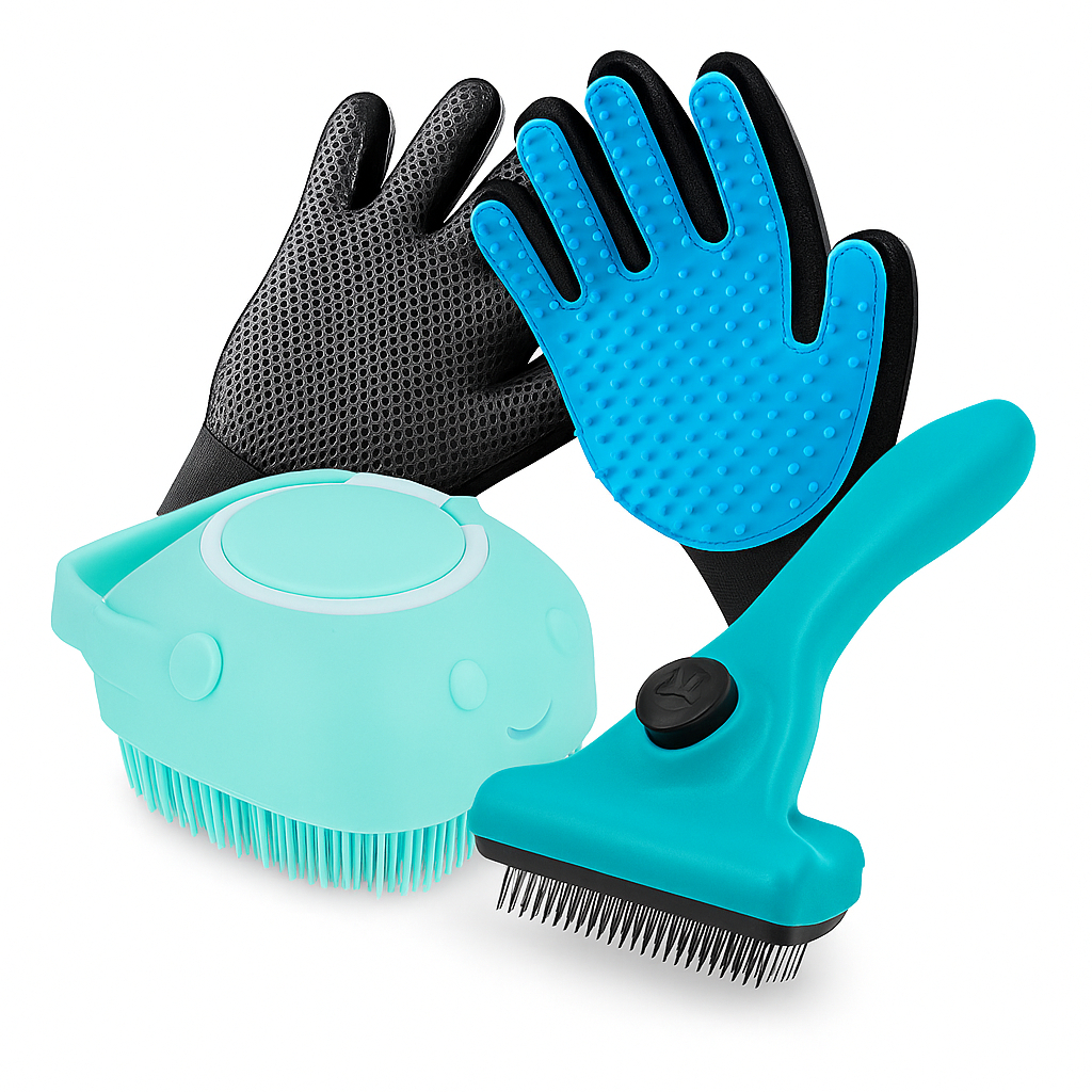 Kit Pet Luva Tira Pelos Nano + Escova Lava Pet Silicone Dispenser + Pente Escova Removedora