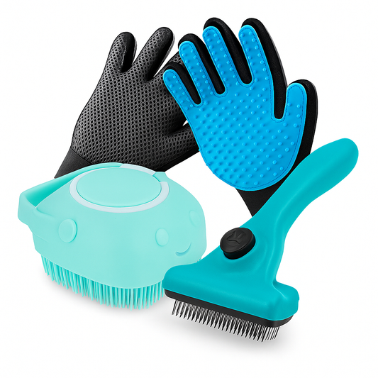 Kit Pet Luva Tira Pelos Nano + Escova lava Pet Silicone Dispenser + Pente Escova Removedora