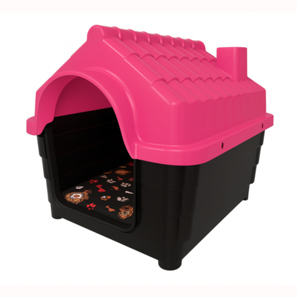 casinha de plástico para pets com telhado rosa e base preta, almofada estampada