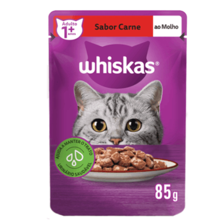 Ração Úmida Whiskas Sachê Carne ao Molho para Gatos Adultos - 20 Sachês de 85g
