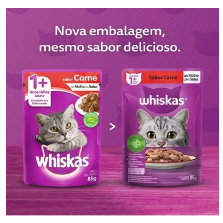 Ração Úmida Whiskas Sachê Carne ao Molho para Gatos Adultos - 20 Sachês de 85g