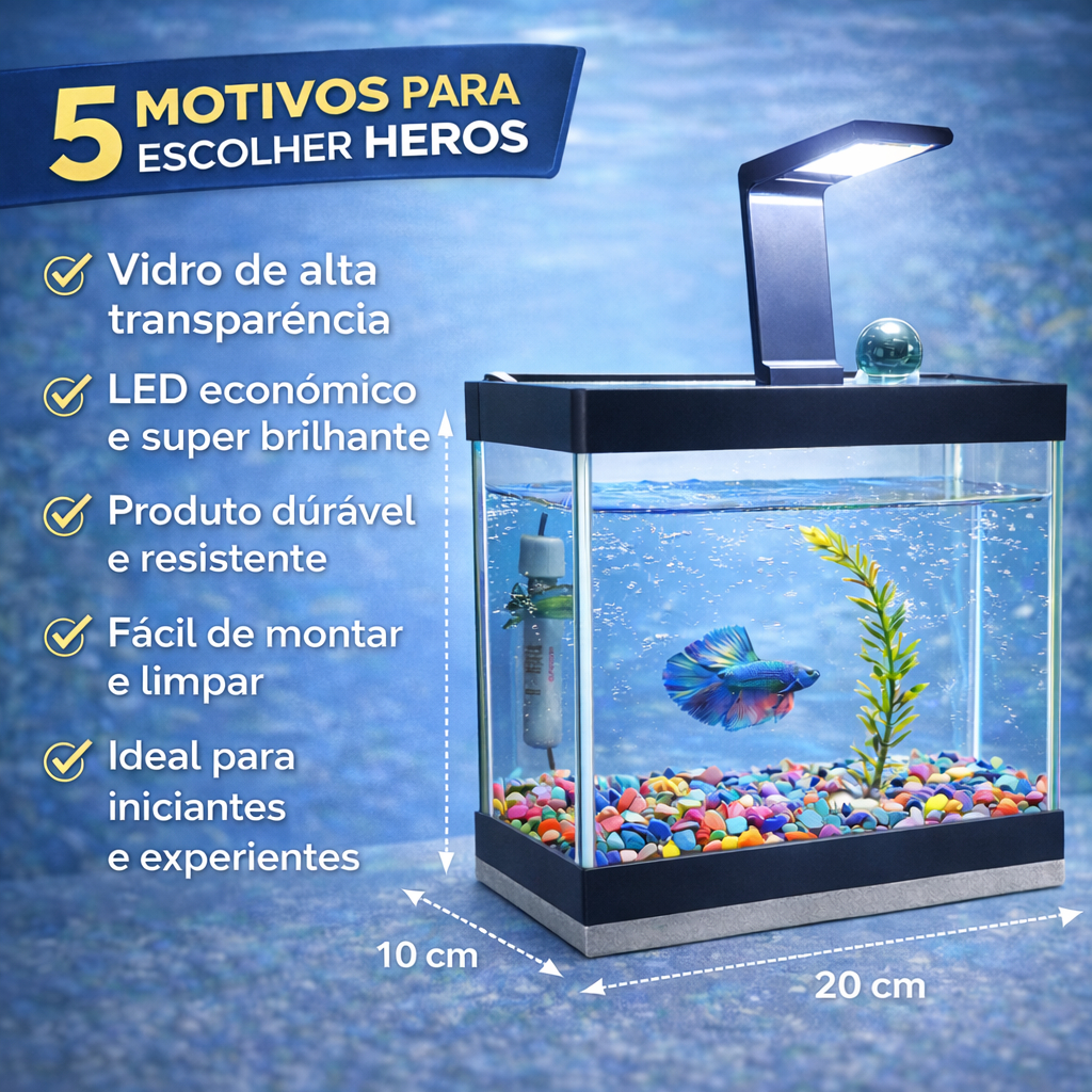 Aquário Completo Beteira - Aquário + Luminária + Decorações + Aquecedor + Ração e Anticloro